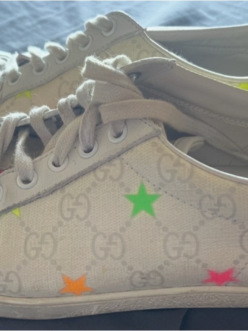 Gucci White Leather Sneaker with Neon Green and Neon Orange Stars - Picture 3 of 5